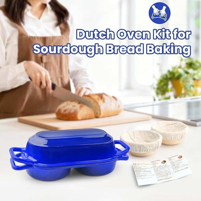 YONILL Mini Double Dutch Oven with Lid for Sourdough Bread Baking (Blue) | Enameled Cast Iron Pot with Lid, 5" Banneton Bread Proofing Basket Include, Dual Round Bread Loaf Pan for Homemade Baking
