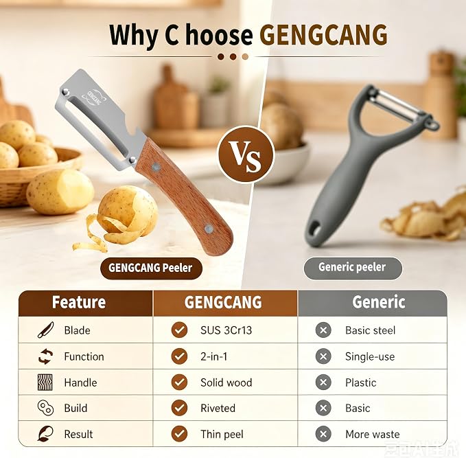 MultiFunctional Vegetable Peeler, Non-Slip Wooden Handle with Sharp Stainless Steel Blade, Built-in Bottle Opener - Perfect Kitchen Peeler For Veggie, Fruit, Potato, Carrot, Apple