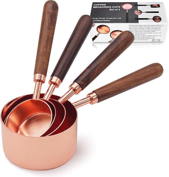 SHIKORI Rose Gold Measuring Cups and Spoons Set with Wood Handles-4PCS | Premium Stainless Steel Measuring Spoons and Measuring Cups Set, For Cooking and Baking in the Kitchen-Rose Gold-4Cups