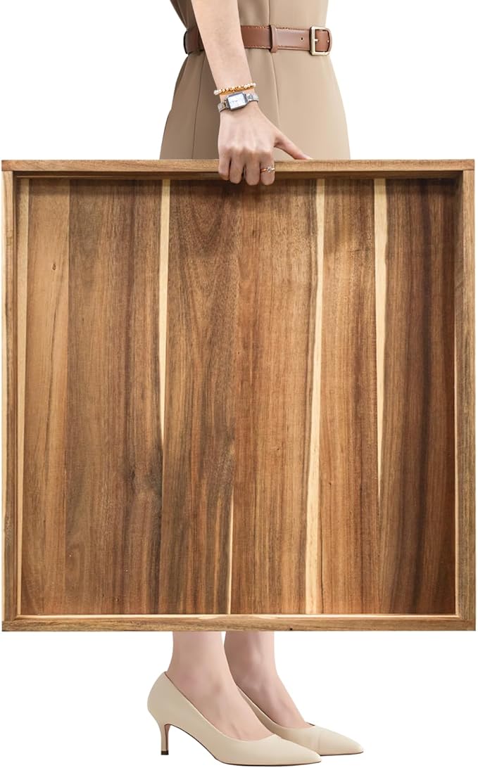 Extra Large Ottoman Tray, 24" Square Acacia Wood Tray with Handles | Farmhouse Wooden Decorative Trays, Oversized Coffee Table Tray, Serving Platter Tray for Living Room, Countertop, Charcuterie