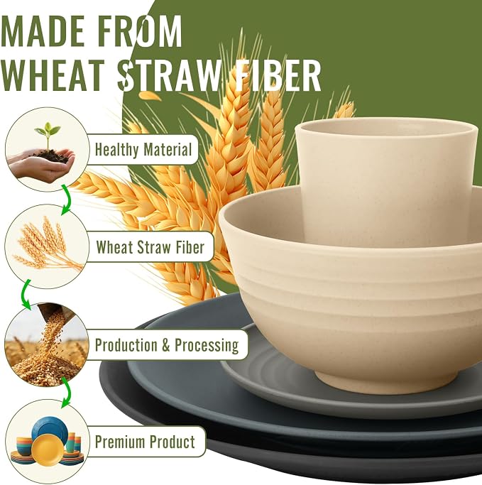 40 PCS Wheat Straw Dinnerware Set | Service for 8 Plastic Dishes Set Unbreakable Plates and Bowls Sets, Drinking Glasses, Dishwasher and Microwave Safe Dish Set for KItchen - Gray Stone