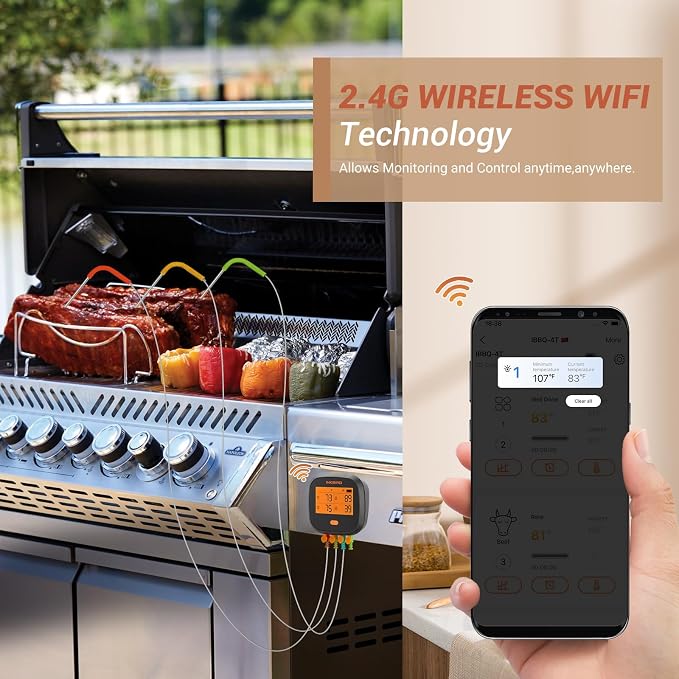 INKBIRD WiFi Meat Thermometer IBBQ-4T, Wireless BBQ Thermometer for Smoker | APP Calibration Temp Graph, Mobile Notification Timer Alarm Backlit, Rechargeable Digital Grill Thermometer, 4 Probes, Magnet