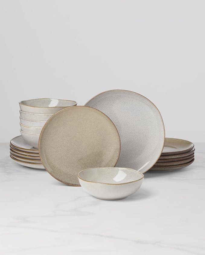 Oneida Organic Shades Oatmeal Stoneware 18-Piece Dinnerware Set for 6 | dishwasher safe | plates and bowls sets for kitchen and dining | 10.25 inch plate, dish set, dishes | 2 inch, 28oz