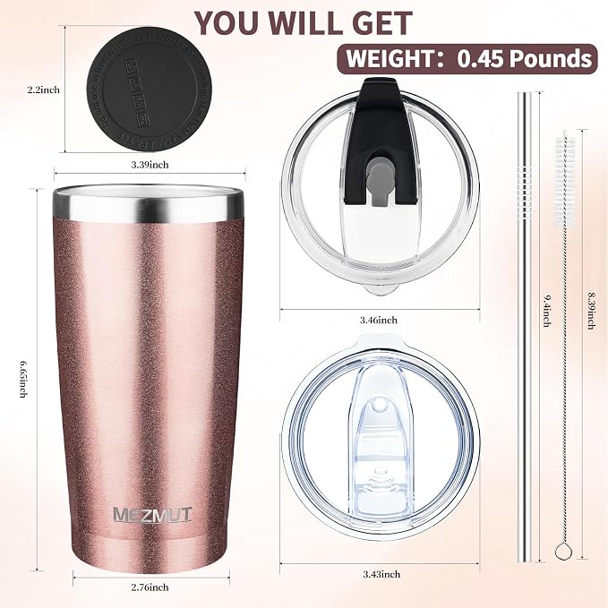 MEZMUT 20oz Insulated Tumbler Travel Coffee Mug with Lid Straw(Rose Gold,1) | 18/8 Stainless Steel Double Wall Vacuum Spill Proof Metal Insulated Tumbler with Daul Lid and Straw, Hot or Iced Coffee Cup