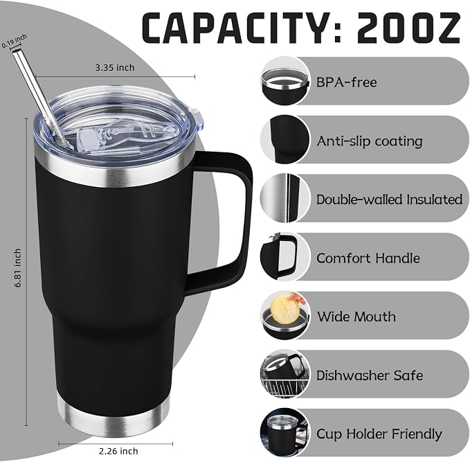 20 oz Tumbler with Handle Stainless Steel Insulated Coffee Tumbler with Lid and Straw Double Wall Vacuum Insulated Coffee Mug Leak Proof Travel Mug Tumbler for Hot and Cold Drink (Black,6pack)