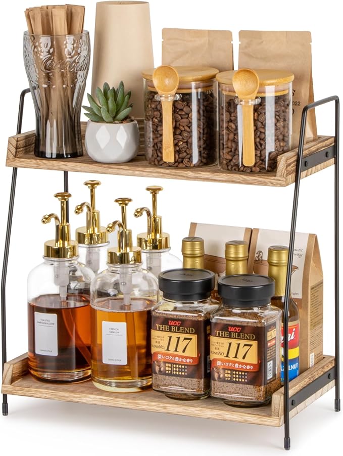ANBOXIT Countertop Coffee Station Organizer, 2 Tier Wooden Shelf | for Coffee Bar Accessories, Condiment Storage Caddy for Kitchen, Home, Office - Brown