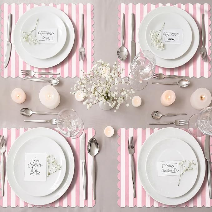 100 Pcs Pink and White Striped Paper Placemats 14 x 10 Inch Scalloped Pink Paper Placemat Disposable Table Place Mats for Wedding Bridal Shower Beach Party Home Table Kitchen Decoration