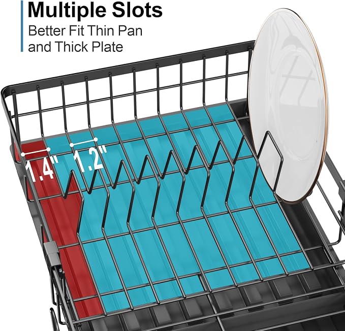 Expandable Dish Drying Rack - Compact with Drainboard, Black | 12-20.5 in Adjustable Length, 360° Rotating Drain Spout, Cup & Utensil Holder, Rust-Resistant, Ideal for Small Kitchens & RVs