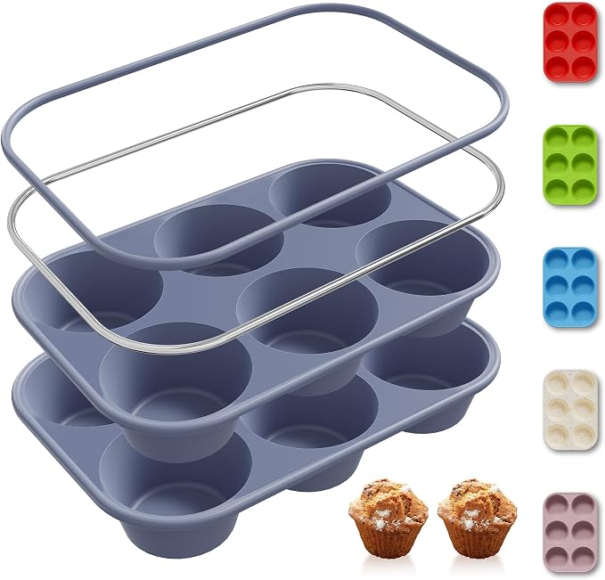 2 Pack 6 Cups Silicone Jumbo Muffin Pan with Metal Reinforced Frame Silicone Molds for Baking Cupcake Cake Baking Pans Muffin Tin Tart Pans Baking Set for Easter Christmas holiday Cookie Tin