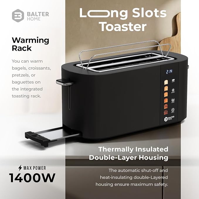 Balter Toaster 4 Slice Wide Slot, Bagel Function, Long Slot, Stainless Steel, Touch Screen, Built-in Rack, Extra-Wide 1.5" Slots for Thick Breads & Bagel, Timer, BPA-Free, Removable Tray, Black