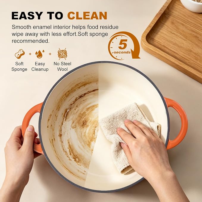 7-QT Enameled Cast Iron Round Dutch Oven With Lid,Oven safe,Orange | Large enameled cast iron Dutch oven,Retains moisture,PFAS-free,500°F,sourdough,braising/stews/roasting,Housewarming Gift
