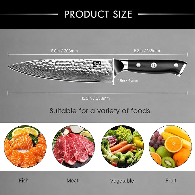 SHAN ZU Chef Knife, 8 Inch Damascus Steel Knife | Japanese Professional Kitchen Knife Sharp High Carbon Super Steel Kitchen Utility Knives with Gift Box
