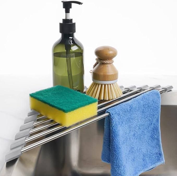 Tomorotec Triangle Roll-Up Dish Drying Rack for Sink Corner Small Foldable Stainless Steel Over The Sink Multipurpose Kitchen Drainer Caddy Organizer Storage Space Saver Shelf Holder (Gray) | BPA-Free Food-Grade Silicone Edges Foldable Waterproof Rustp...