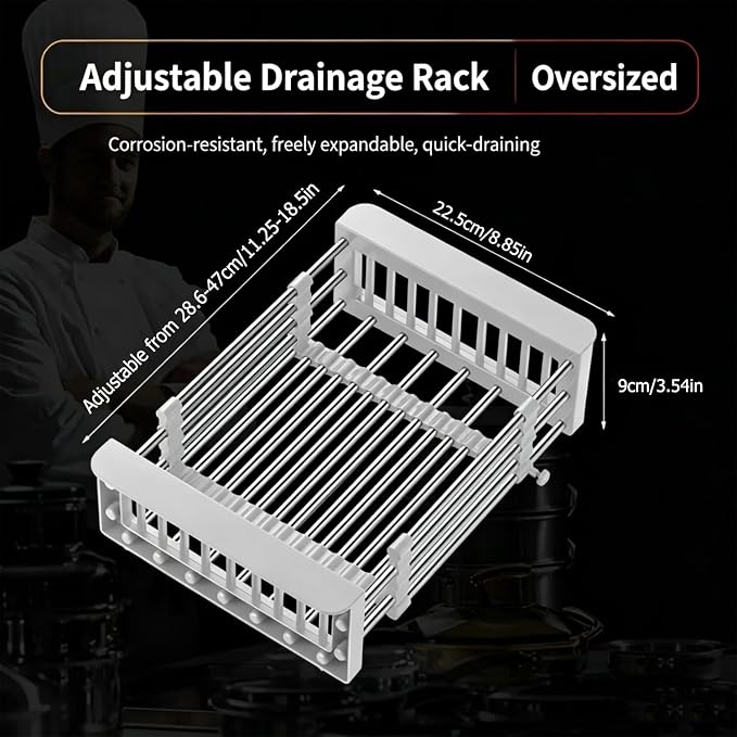 Expandable Sink Dish Drying Rack, Stainless Steel & ABS Sink Colander, Adjustable, Non-Slip, Over The Sink Storage Rack for Kitchen Fruit, Vegetable and Dish Drying (Gray, Large)