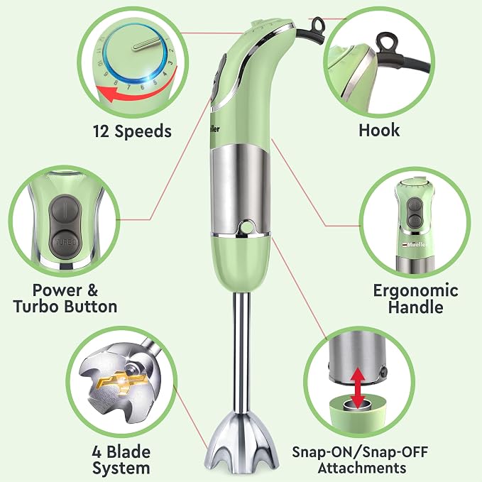 Mueller Multistick 5-in-1 Immersion Blender Handheld, 12-Speed Hand Mixer | Turbo Boost, Heaviest Duty Copper Motor, Titanium Blades Hand Blender, Milk Frother Wand, Whisk, Beaker, Chopper, Green