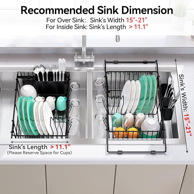 Urackify Expandable in Sink Dish Rack, Full PVC Dip-Coated, Black | Scratch Protection, Reduced Noise, Fast Water Drainage, Fits 14.5"-18"W Sink, Rust Resistant