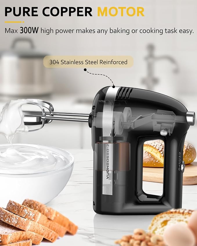 Electric Hand Mixer, Powerful Hand Mixer Electric Handheld with 304*(2*Beaters, 2*Dough Hooks),(1*Storage Bag) Hand Held Mixer with Turbo for Baking Cakes,Cream(Black)