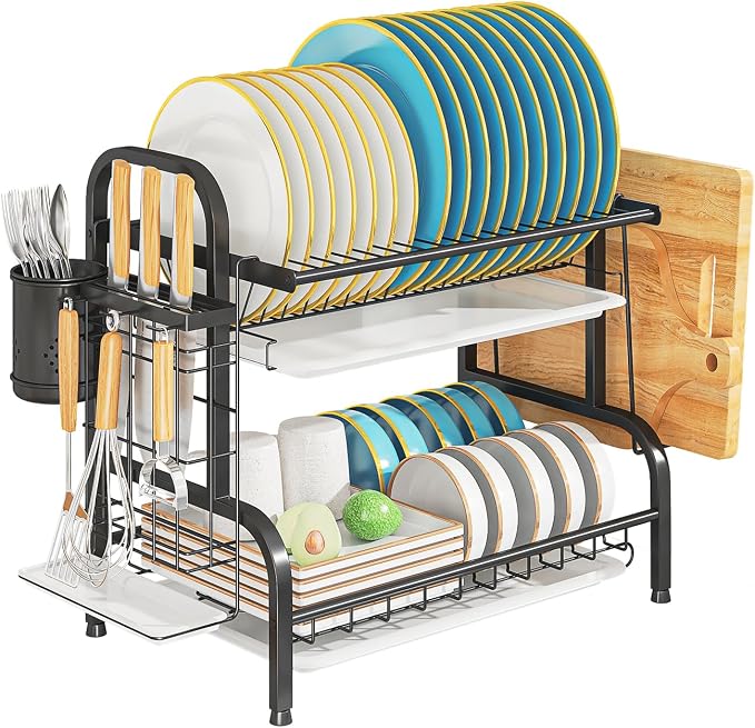 2-Tier Stainless Steel Dish Drying Rack with Drainboard,Black | Small Kitchen counter Space Saver,rustproof stainless steel, 3 detachable drainboards, cutlery holder, tool-free assembly