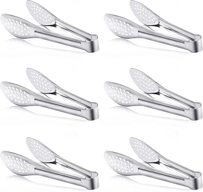 6 Pack Buffet Tongs,Stainless Steel Serving Tongs Serving Utensils 7Inch | 6-piece silver set with perforated tips for salads, appetizers, bread, desserts, parties, catering and family meals