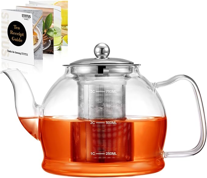 STNTUS Glass Teapot With Infuser, 27 oz / 800 ml for Loose Tea, Stainless Steel Strainer Teapots, Stovetop Safe