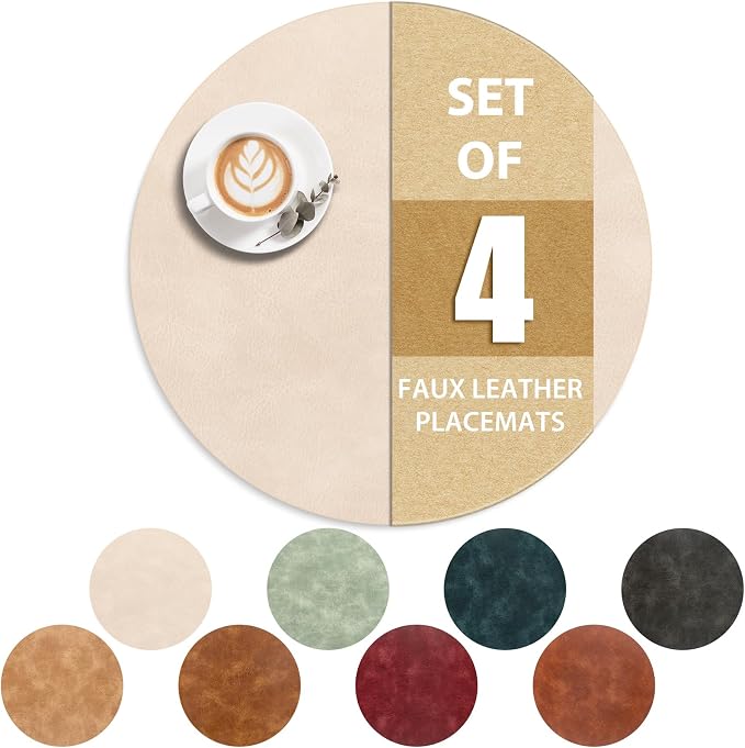 ADRIMER Placemats, Heat Resistant Round Placemats Set of 4 Washable, Waterproof Table Mats, Wipeable Faux Leather Place Mats for Kitchen, Dining Room, Beige
