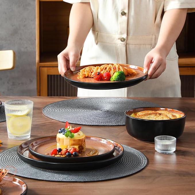 vancasso Plates and Bowls Sets, 18 Pieces Stoneware Dinnerware Sets for 6, Kitchen Dish Set Mircowave and Dishwasher Safe Ceramic Dishware, Dark Brown, Series AMBER