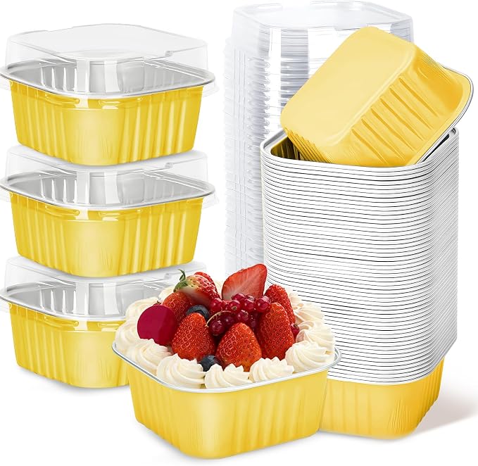 30Pack 5oz Gold Mini Cake Pans with Lids Baking Cups Aluminum Foil Pans Tins, Individual Dessert Cups Containers for Sales,Party,Picnics