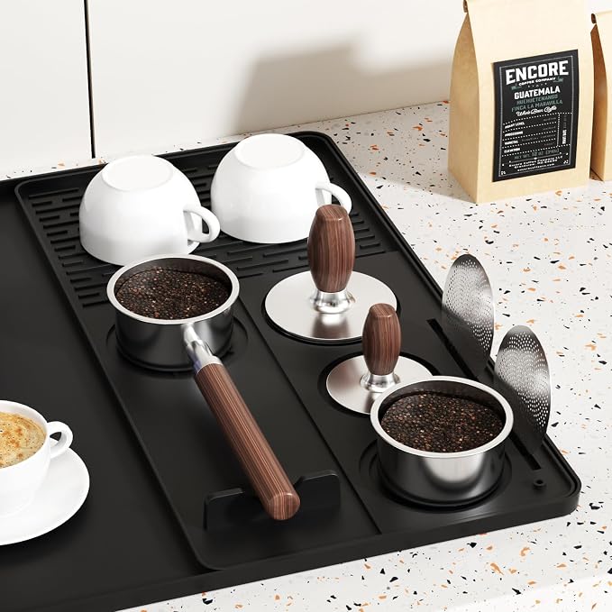 Silicone Coffee Mat 24''x16'',Fits Under Coffee Maker | Detachable Dish Drying Mat& Built-in Tamper Storage – Fits Espresso Machine, Dish Rack