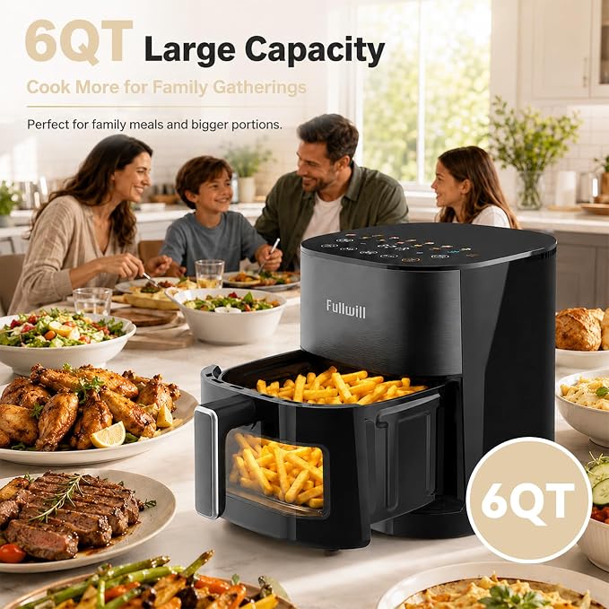 Fullwill 6Qt Air Fryer with Window, Dual Heating, 14-in-1/12 Presets (Wings, Steak, Fries, Pizza), 392°F, 1700W, Nonstick & Dishwasher-Safe Basket, PFOA-Free, Oil-Free Fast Cooking
