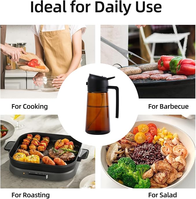 Aovdy 16oz/470ml Glass Oil Dispenser & Sprayer - Leakproof Oil Sprayer Bottle for Kitchen Cooking Air Fryer BBQ Baking Salad (Dark Brown)