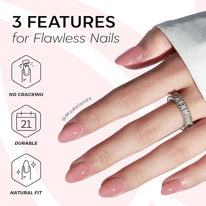 modelones Soft Pink Short Press on Nails, Oval Fake Nails Kit | Semi-Transparent Press Ons with Nail Glue, Adhesive Tabs, Nail File, Prep Pad, Manicure Stick, 32Pcs 16 Sizes, Women Gift