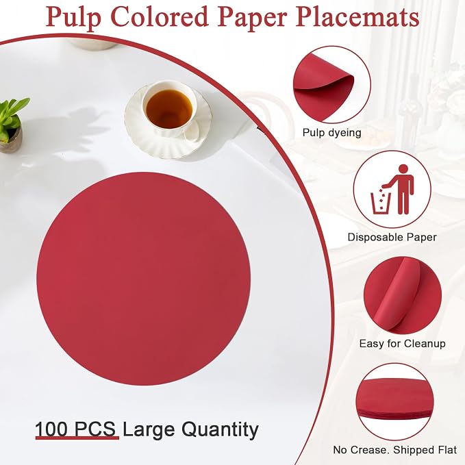 SHACOS 100 pcs Christmas Disposable Round Paper Placemats 13 inch Colored Paper Decorative Place Mats for Wedding Birthday Party Events Table Decoration, Dark Red (Pack of 2)