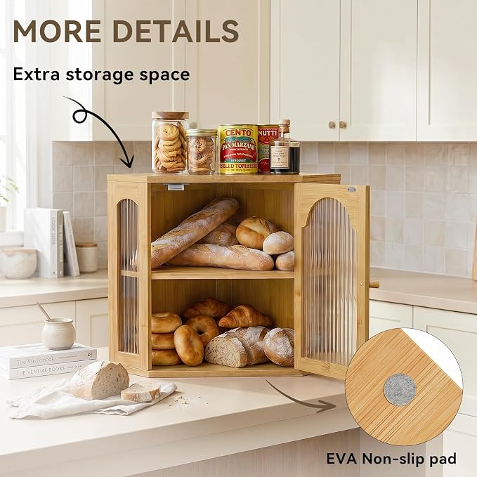 2-Tier Corner Bread Box for Kitchen Countertop with Acrylic Wavy Door Panel | Bread Storage for Homemade Bread, Large Bamboo Vintage Farmhouse Bread Bin, Cabinet Cupboard Pantry, Natural, Meduim