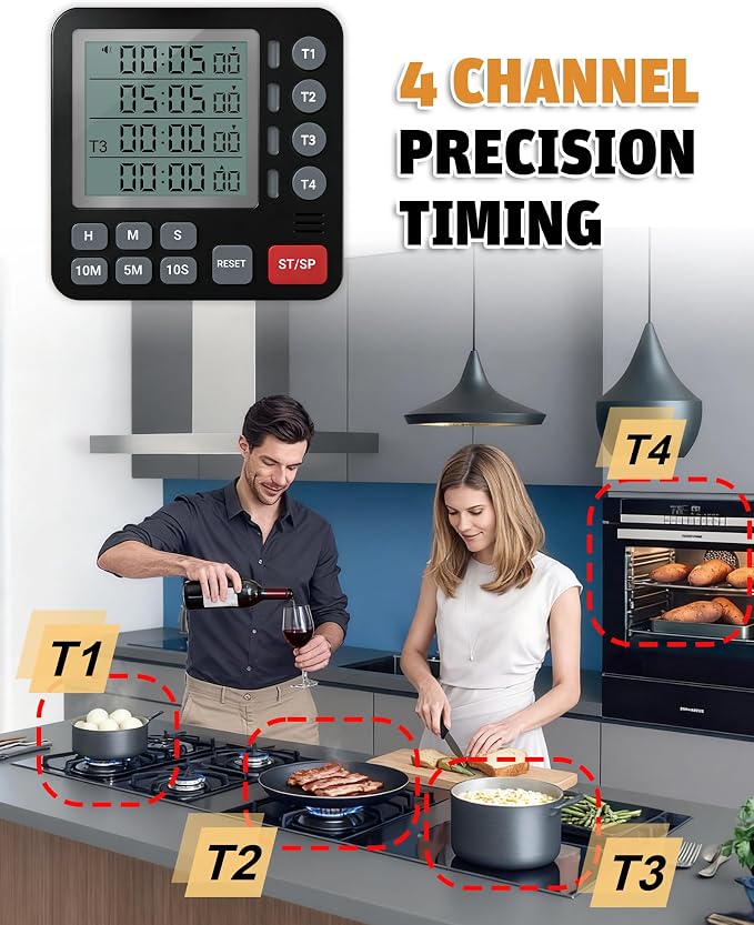 TPNEG Digital Kitchen Timer - 4-Channel Cooking Timer with Alarm, Magnetic Back, Loud & Silent Modes, Count Up/Down, Ideal for ovens, Seniors, Kids and classrooms, Replaceable AAA Battery