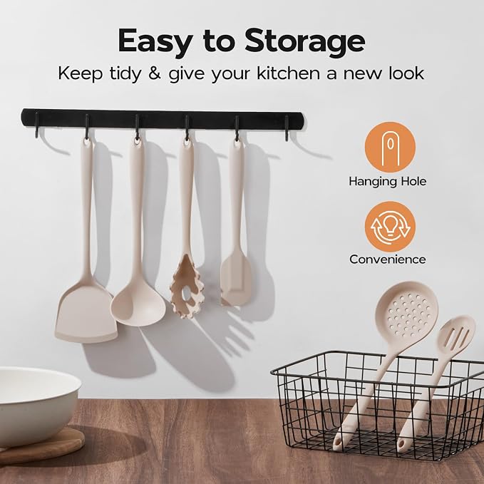 Onader Kitchen Utensils Set, Silicone Non Toxic Cooking Utensils, Khaki | 6 Pcs Heat Resistant Kitchen Gadgets Set for Nonstick Cookware, Dishwasher Safe