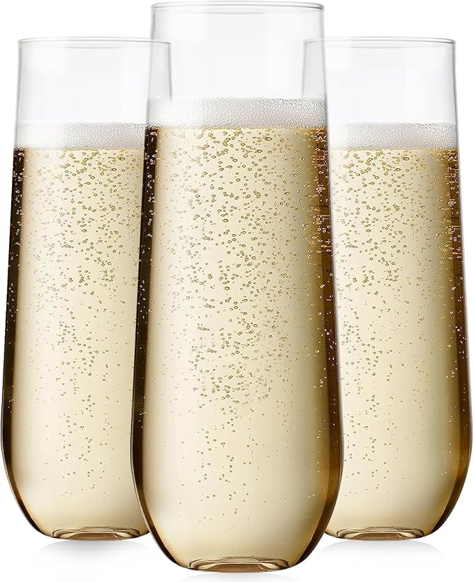 24 Pack Plastic Champagne Flutes, 9 Oz Disposable Wine Mimosa Glasses | Clear Stemless Champagne Flutes Cocktail Glasses, Plastic Cups for Bridal Shower Bachelorette Party Mimosa Bar