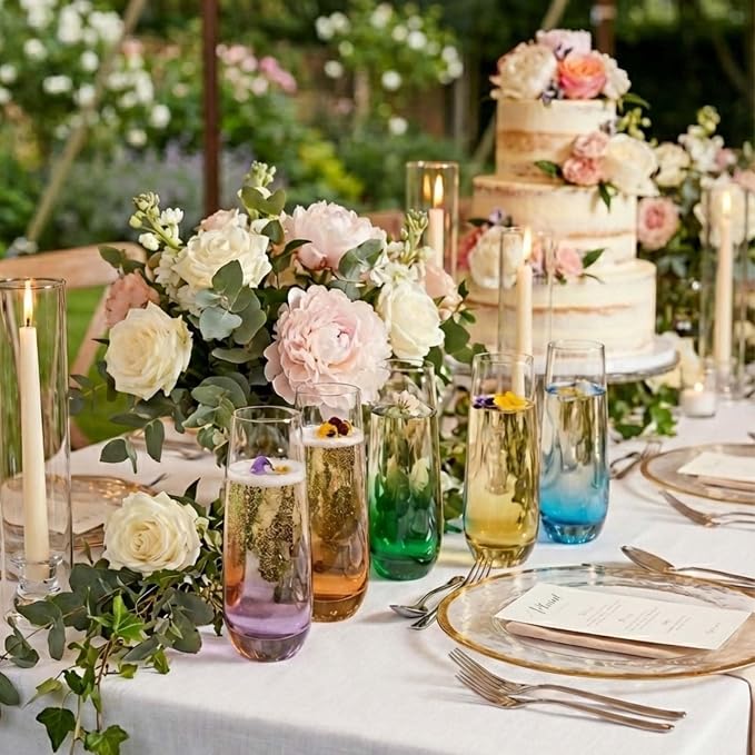 ColoVie Stemless Champagne Flutes set of 6, Colored Bar Glassware, Cocktail | Colored Champagne Glasses, Crystal Glass for Wedding Toasting, Prosecco, Mimosa Glasses, Bridesmaid Gift, Party Glassware