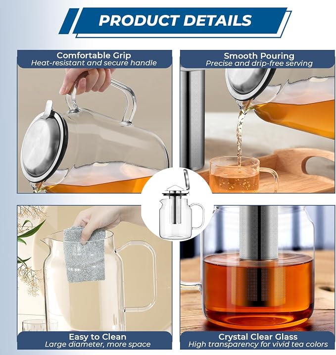 Aquach 68oz Glass Teapot with Infuser, Stovetop Safe Borosilicate Tea Pot | Dishwasher Safe, Plastic-free, Serves 3-5 People, Precise Loose Leaf Filter, Easy-clean