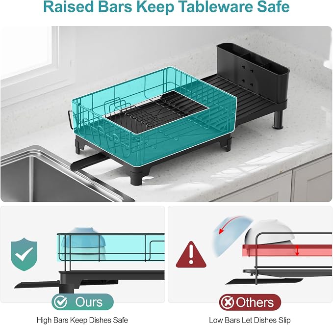 Large Dish Drying Rack - Expandable for Kitchen Counter, Black | 18.7-25.2 in Extendable Length, Vertical Pot Storage, Auto-Drain Spout, Removable Utensil Holder, Rust-Resistant Frame