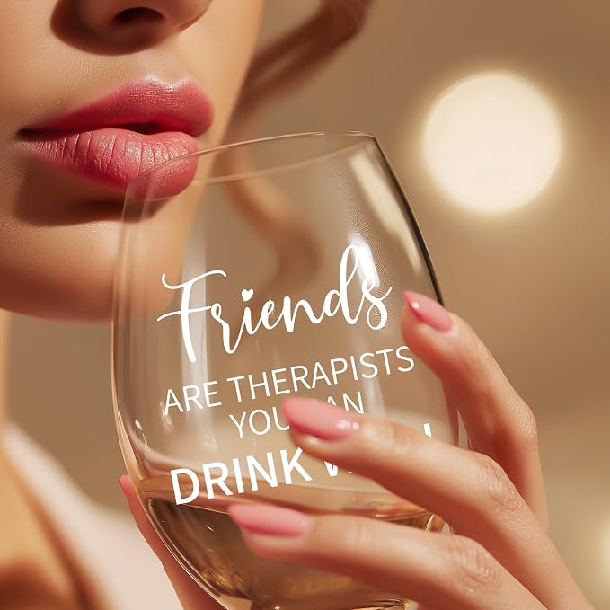 rthday Gifts for Women Friendship 15 oz Wine Glasses, Dishwasher Safe | “Friends Are Therapists You Can Drink With” – Scratch-Resistant Wine Glass, Best Friend Birthday Gifts for Women (White)