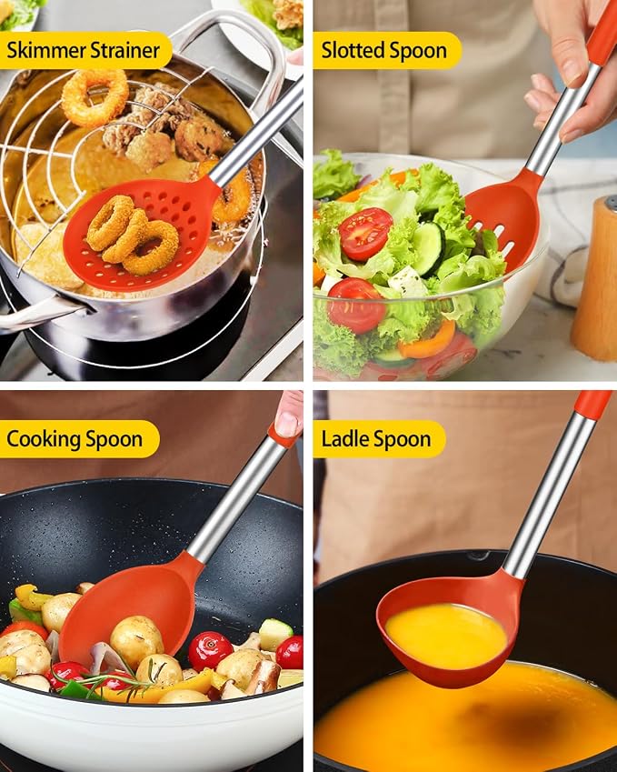Silicone Cooking Utensils Set, 8 Pcs Kitchen Utensils with Holder, Red | BPA Free and Heat Resistant, Kitchen Tools for Non Stick Cookware include Spatulas, Turners, Spoons, Skimmer and Pasta Fork