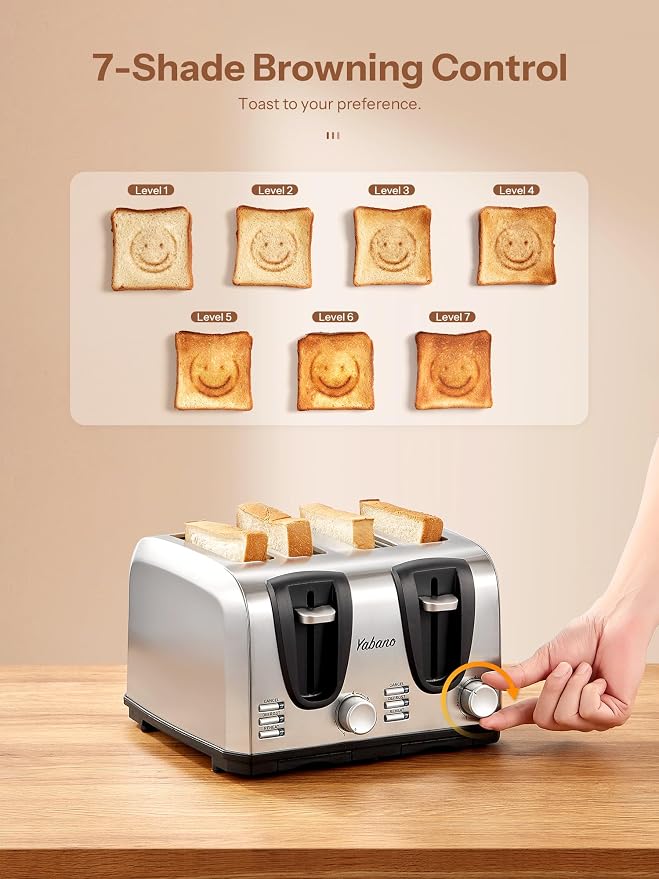 Yabano 4 Slice Toaster with Extra Wide Slots and 7 Shade Settings | Defrost And Reheat Functions, Smiley Face Toast Design, Stainless Steel, Countertop Toaster For Everyday Breakfast