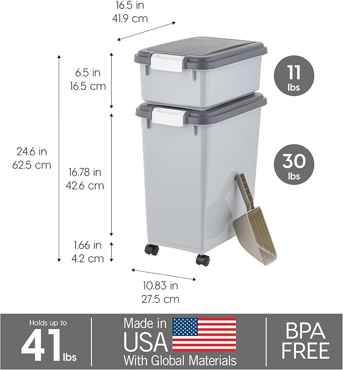 IRIS USA Dog Food Storage Container, Up to 30+11 lbs, Gray/Dark Gray | Made in the USA, Includes 2-Cup Scoop & Wheels, Airtight Seal, BPA-Free, Bird Seed, Cat food, Cat Litter, Treats, Toys