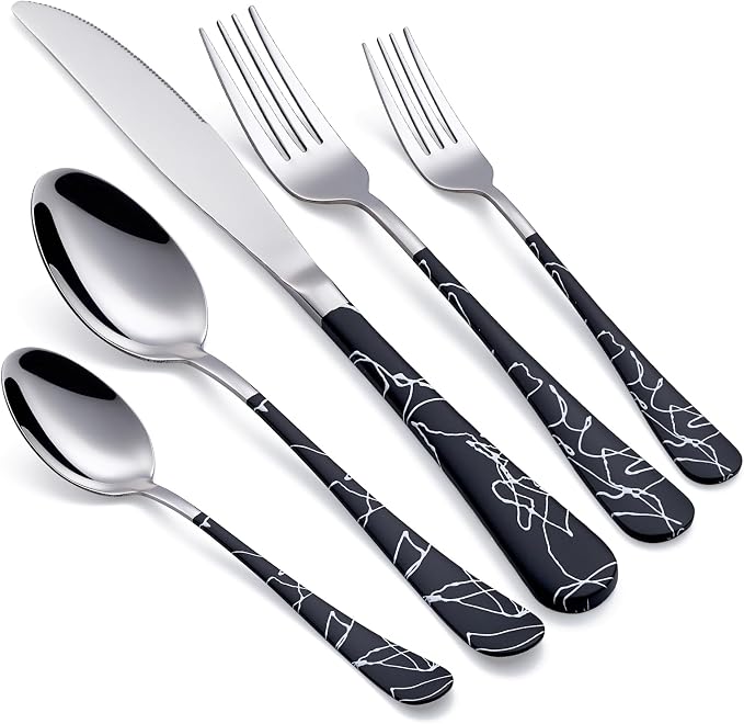 20-Piece Black crack Silverware Set 18/0 Stainless Steel Silverware Set Black crack Handle Cutlery Set Service for 4 Dinner Knives Forks Spoons Set Flatware Set Finish Dishwasher Safe