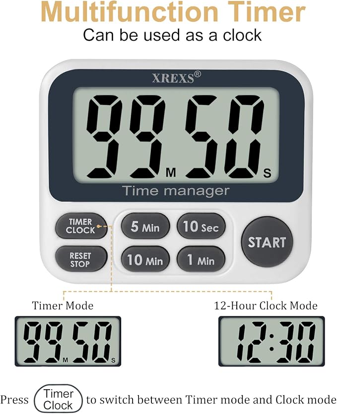 XREXS Digital Kitchen Timer, Magnetic Countdown Up Cooking Timer | with Large LCD Display, Adjustable Volume, Loud Alarm & Strong Magnet for Teachers (Batteries Included)