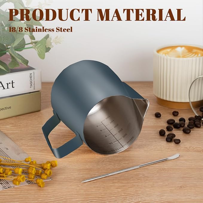 Amrules Milk Frothing Pitcher, 12 oz Milk Frother Cup with Clear Scale, 304 Stainless Steel Cappuccino Espresso Machine Accessories for Barista Coffee Bar with Latte Art Pen, Blue