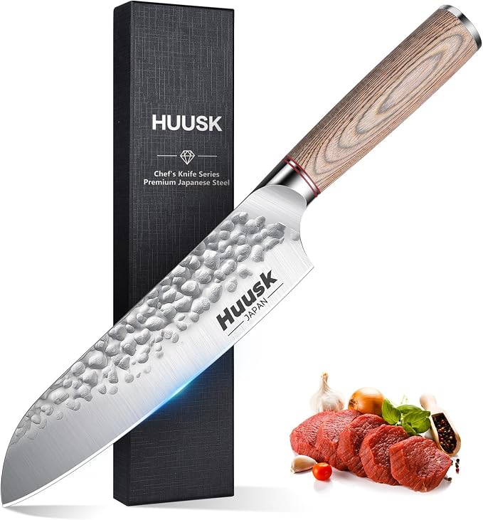 Huusk Japanese Chef Knife for Kitchen, 7" Sharp Stainless Santoku Knife | High Carbon Blade, Cooking Knife for Vegetable & Meat Cutting with Wood Handle, Gift Idea for Cooking Lovers
