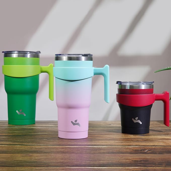 Konokyo 20 oz Tumbler with Handle and Straw, Insulated Travel Mug | Coral; BPA-free, leak-proof tumbler with 2 lids, 2 straws, cup holder fit for coffee, office, travel & daily use