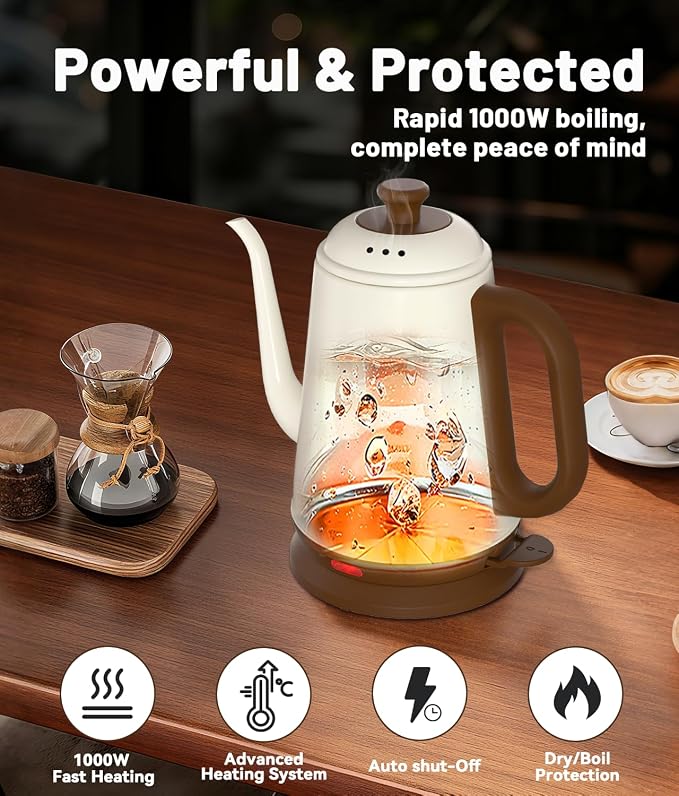 1L Gooseneck Electric Kettle for Pour Over Coffee & Tea | 1000W Fast Heating, Food-Grade Stainless Steel, Auto Shut-Off & Boil-Dry Protection, BPA-Free, White