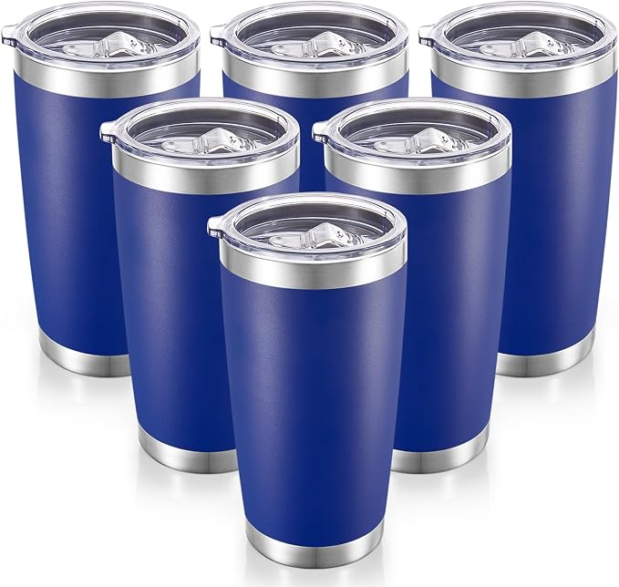 20 oz Tumblers Bulk Stainless Steel Tumbler with Lid, 6 Pack | Blue, 20oz Insulated Coffee Mug, Double Wall Vacuum, Powder Coated Cup, for Hot and Cold Drinks
